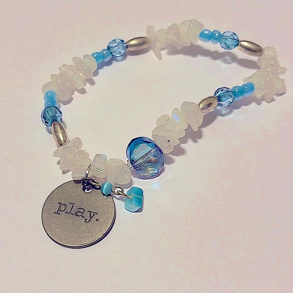 Blue Flash Rainbow Moonstone, Baby Blue Cats Eye, Engraved Tag Charm (work<play)
